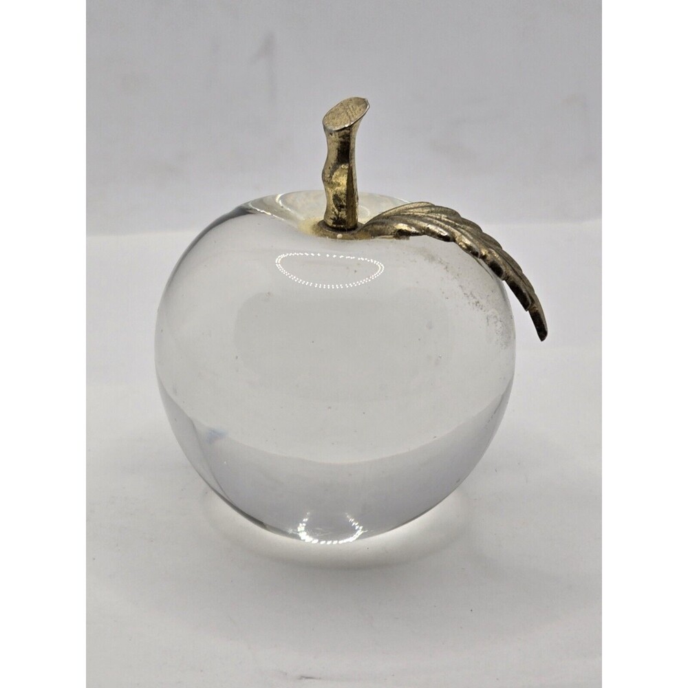 Art Glass Apple Paperweight Clear with Brass Stem and Leaf